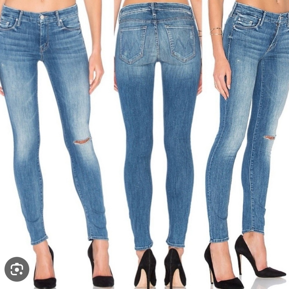 MOTHER Blue Skinny Jeans with Distressed Knee